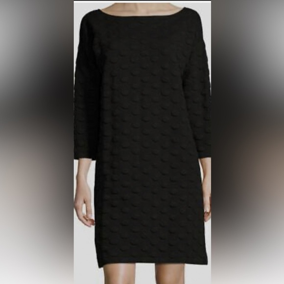 Joan Vass Women's Chic Black 3/4 Sleeve Textured Dot Shift Dress Sz:MP/1P - Picture 1 of 10